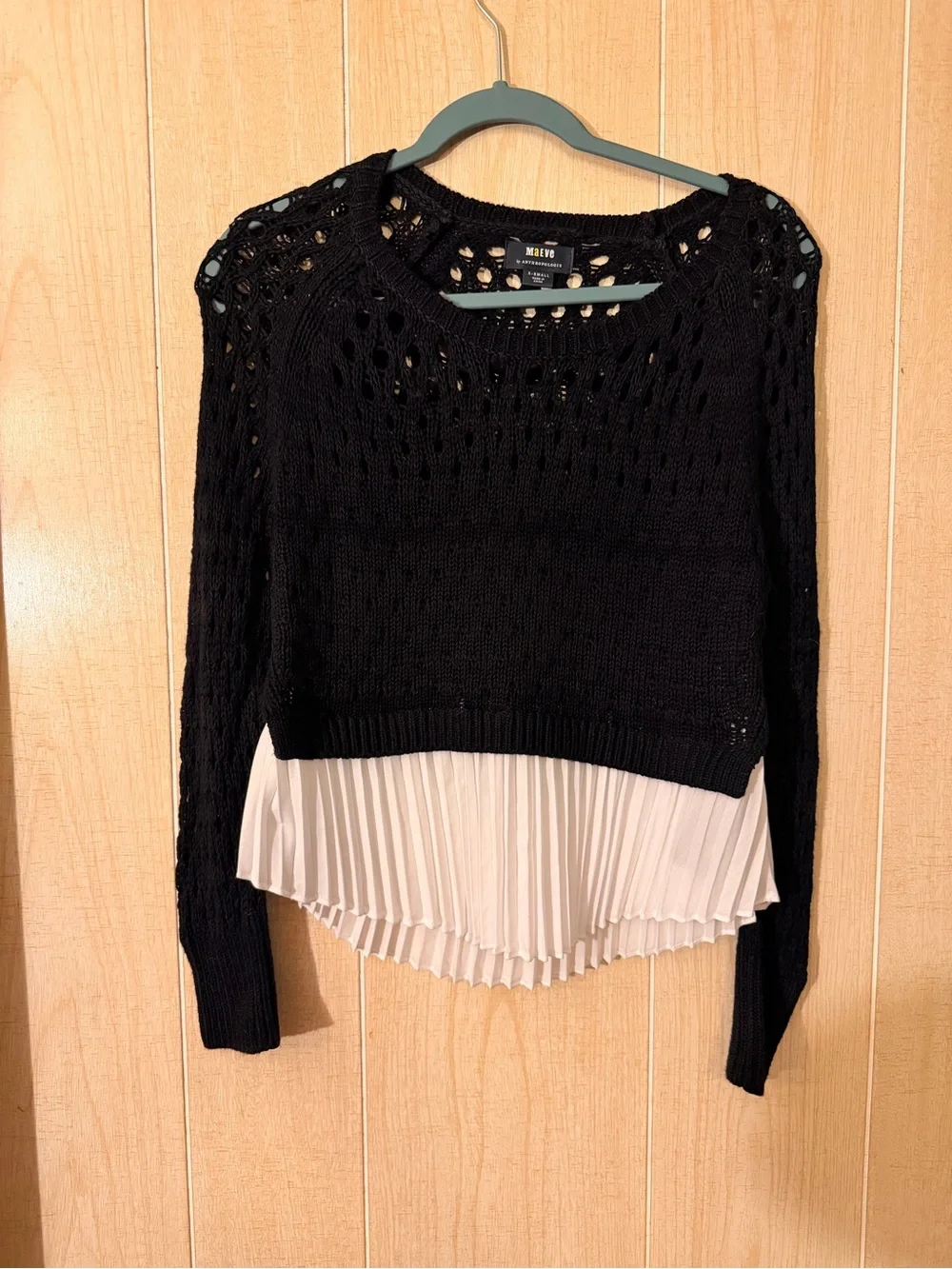Anthropologie Black Open-Knit Sweater with White Pleated Hem